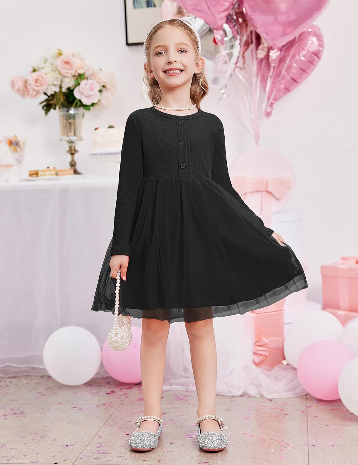 Arshiner Toddler Girls Tutu Dress Long Sleeve Fall Winter Button Front Party Tulle Dresses 2-8Y - Image 3