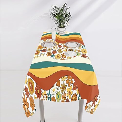 Miniatura 533 de Mantel floral hippie, diseño retro de los años 70, naranja, rosa, azul, floral, bohemio, estampado estético de margaritas, para fiesta, picnic