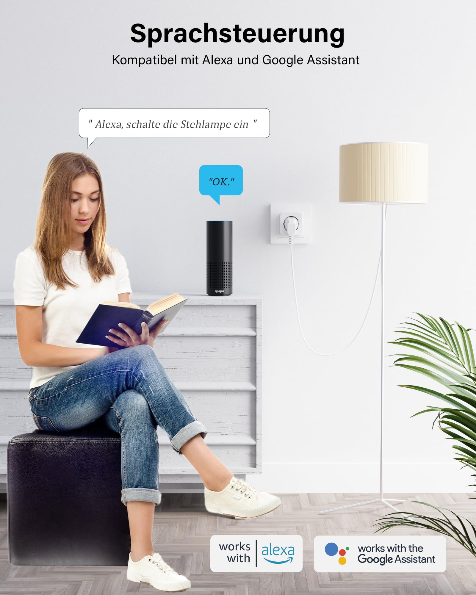 Woox Alexa Steckdose Stromverbrauch Messen 4 Stück, WLAN Steckdose mit Stromzähler 16A, TÜV Geprüft, Zeitschaltuhr Sprachsteuerung Kompatibel mit Alexa Google Home