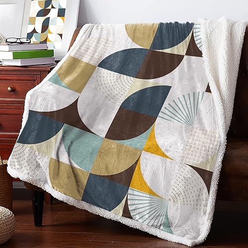 Sherpa Blanket Flannel Fleece Throw,Brown White Geometry Color Block Soft Warm Blankets TV Throws,Mid Century Nordic Style Thick Reversible Blanket