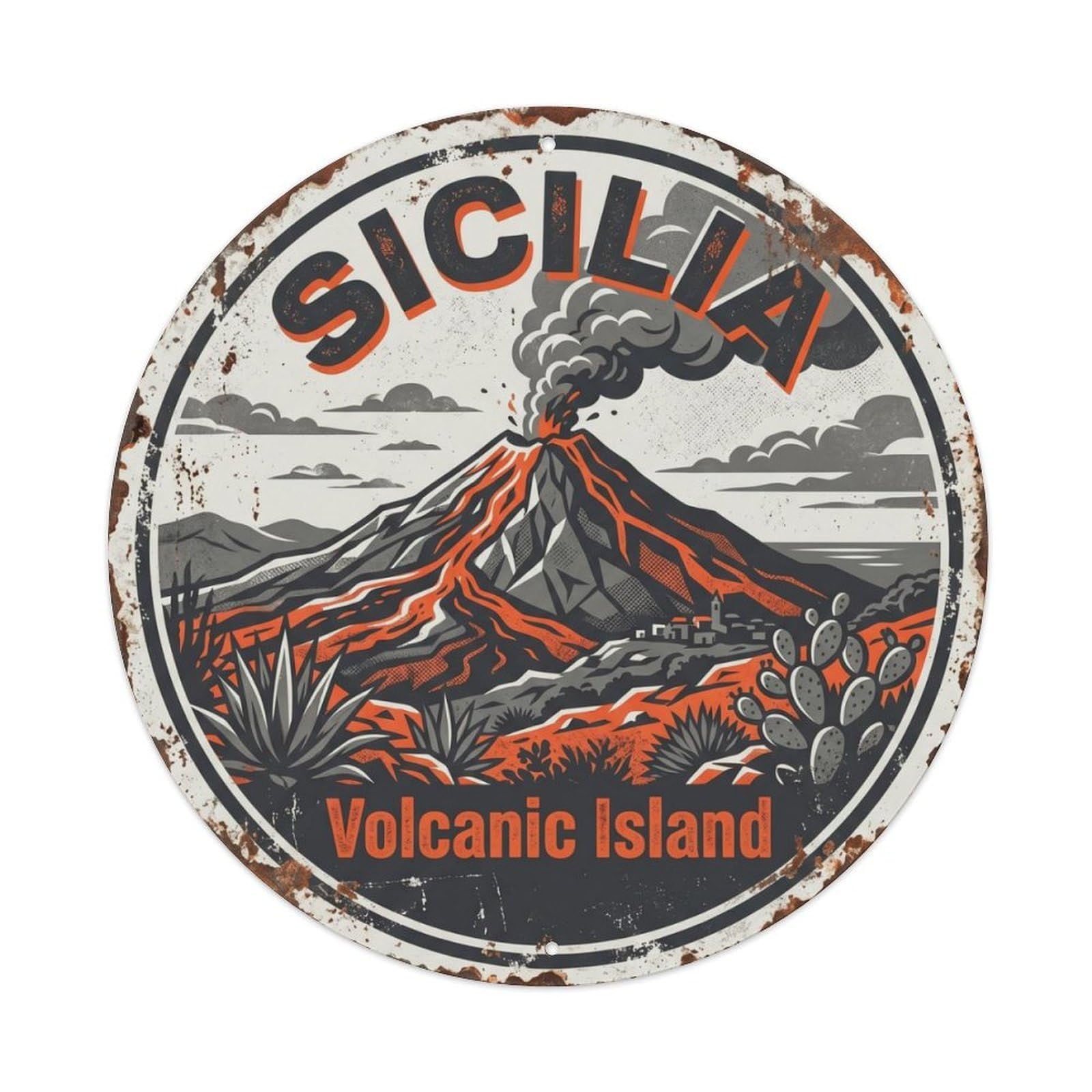 Vintage Travel Sicily Volcano Italy Metal Tin Sign Plaque Wall Decor for Cafe, Club Bar, Office, Home Garden Round Metal Poster 8x8Inch
