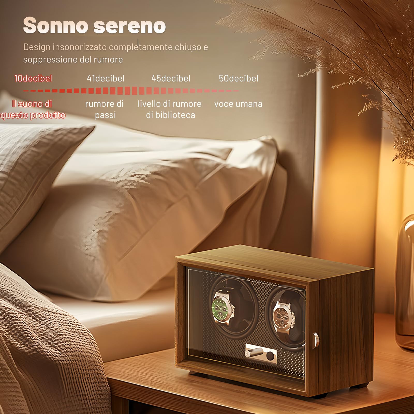 Caricatore per 2 orologi, in legno di noce nero, 4 modalità di rotazione con illuminazione a LED, ultra silenzioso
