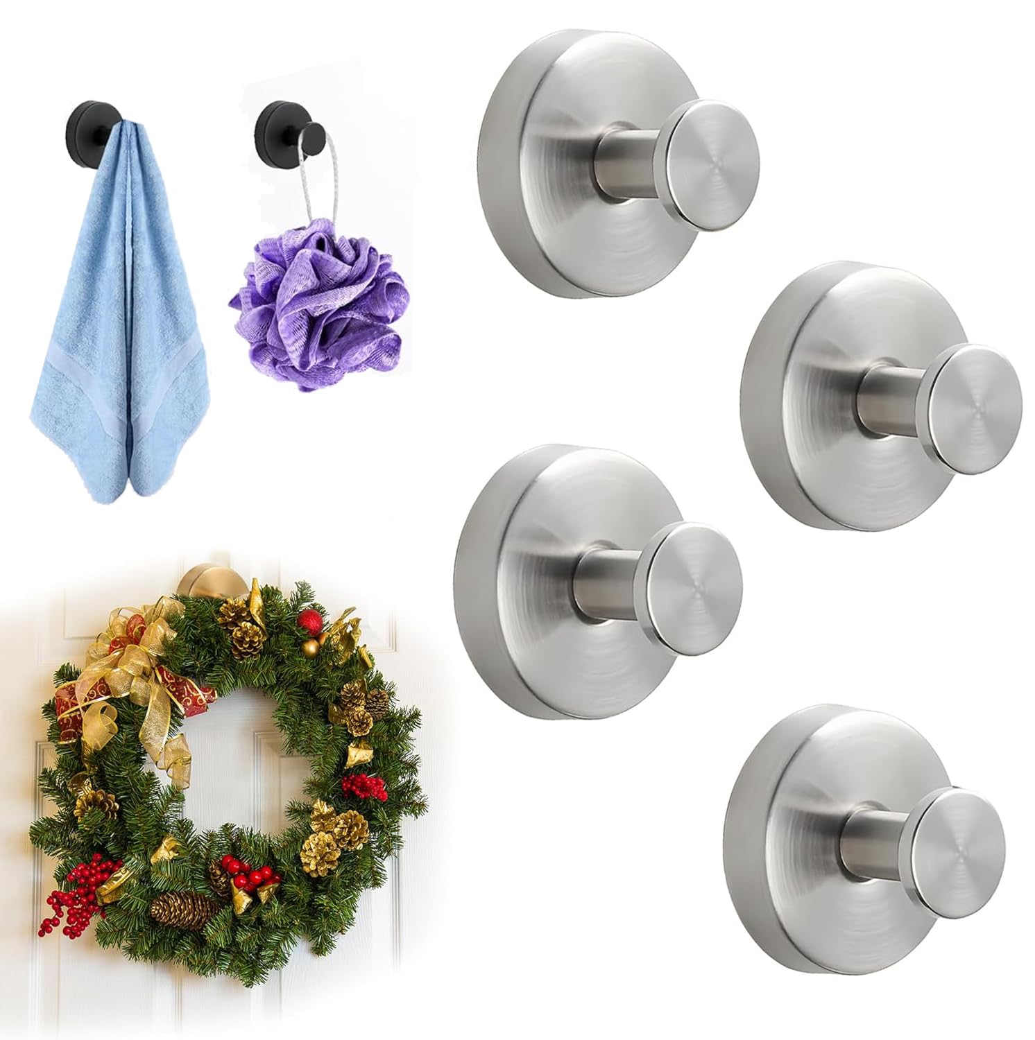 2026 Upgrade Suction Cup Hooks for Wreaths on Glass, Stainless Steel Waterproof No-Drill Suction Cup Hooks, Household Wreath Hanger Holder for Glass Window Door Bathroom Mirrors (Silver, 4PCS)