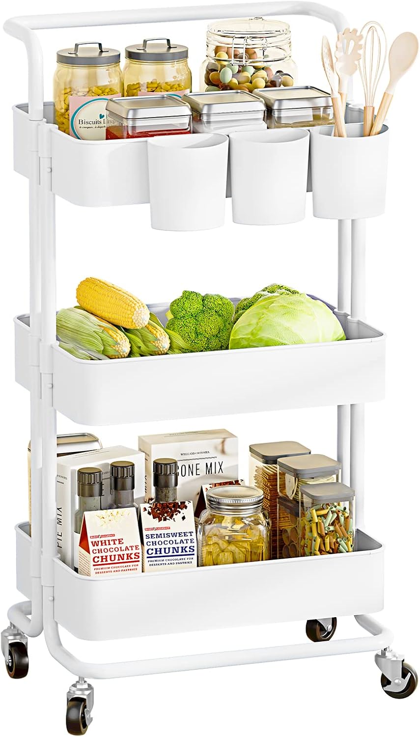 LEGUANG 3-Tier Rolling Utility Cart Storage Shelves, with Handle and Lockable Wheels, Easy Assembly for Bathroom, Kitchen, Office, White