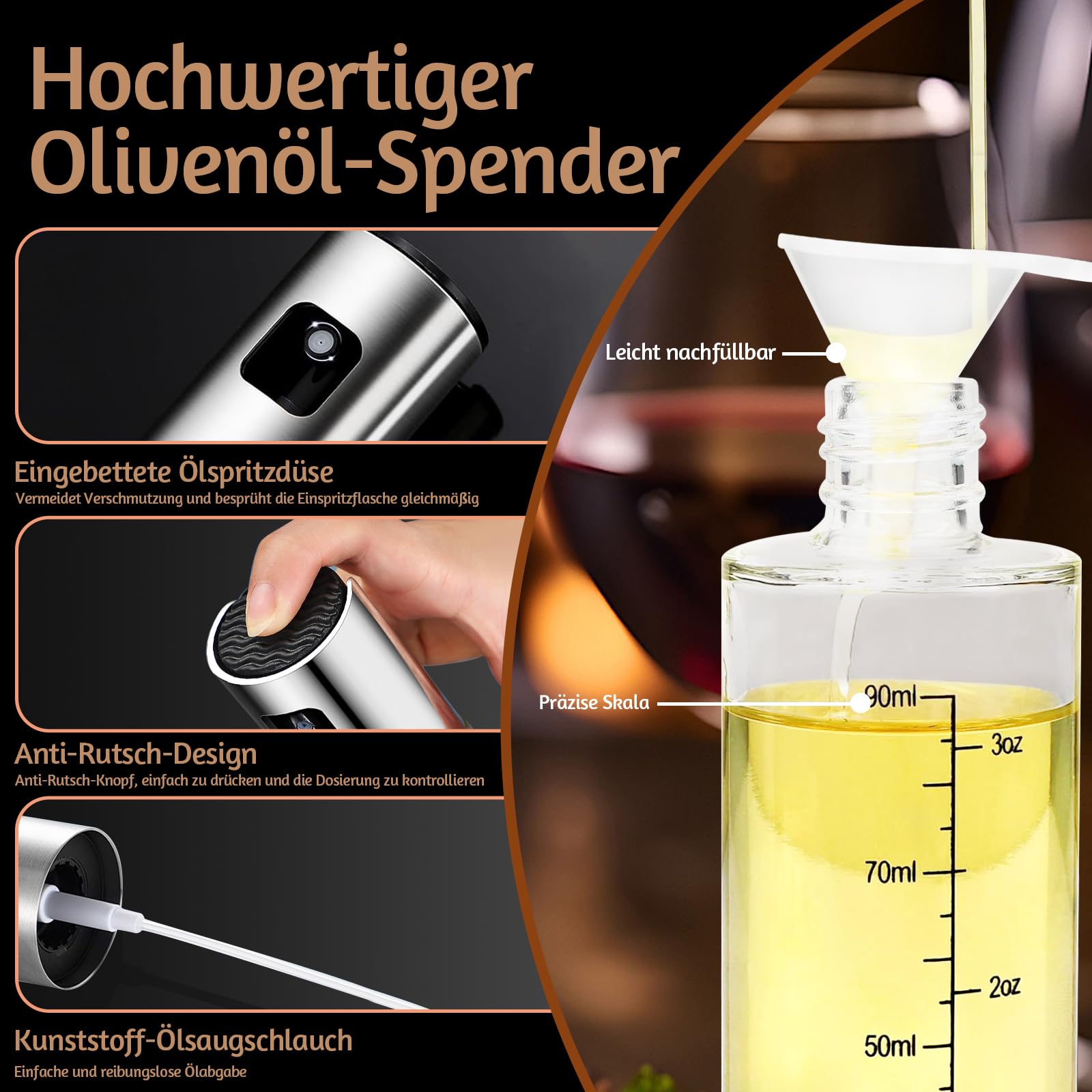 HIYAA Pulvérisateur D'Huile 100 Ml Verre - Avec Brosse Inox Et Entonnoir Pour Cuisine Saine