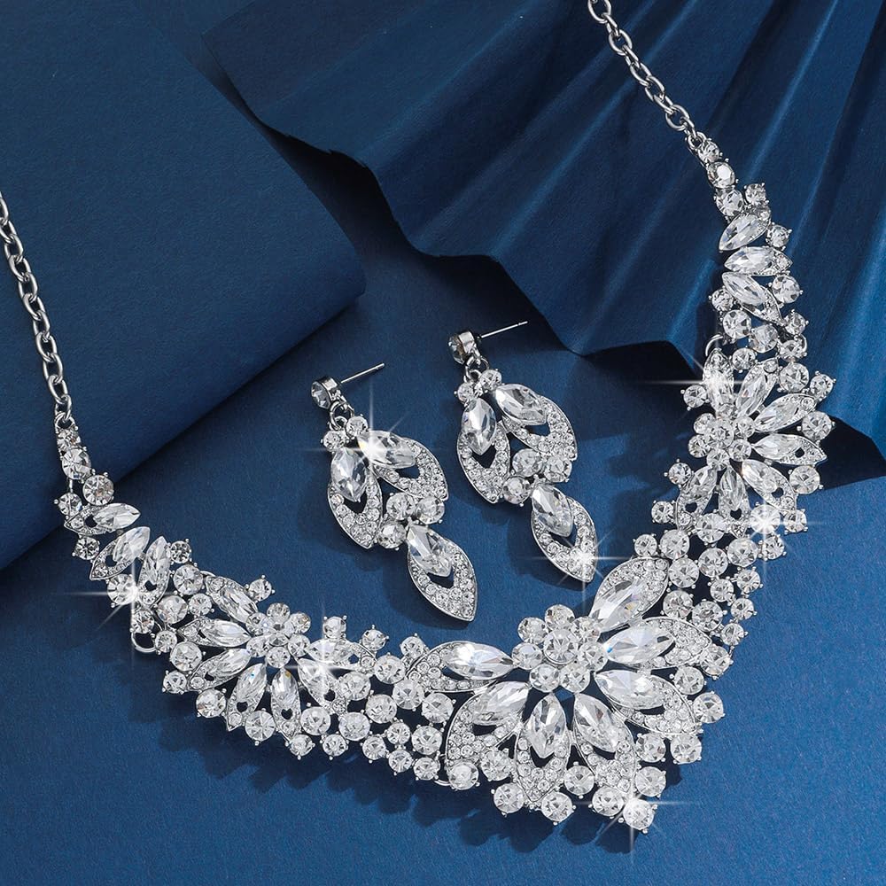 Women Jewelry Set Rhinestone Crystal Statement Necklace Bride Rib Choker Necklace Floral Beaded Collar Neklcace Cluster Dangle Earrings Set for Wedding Party - Image 5