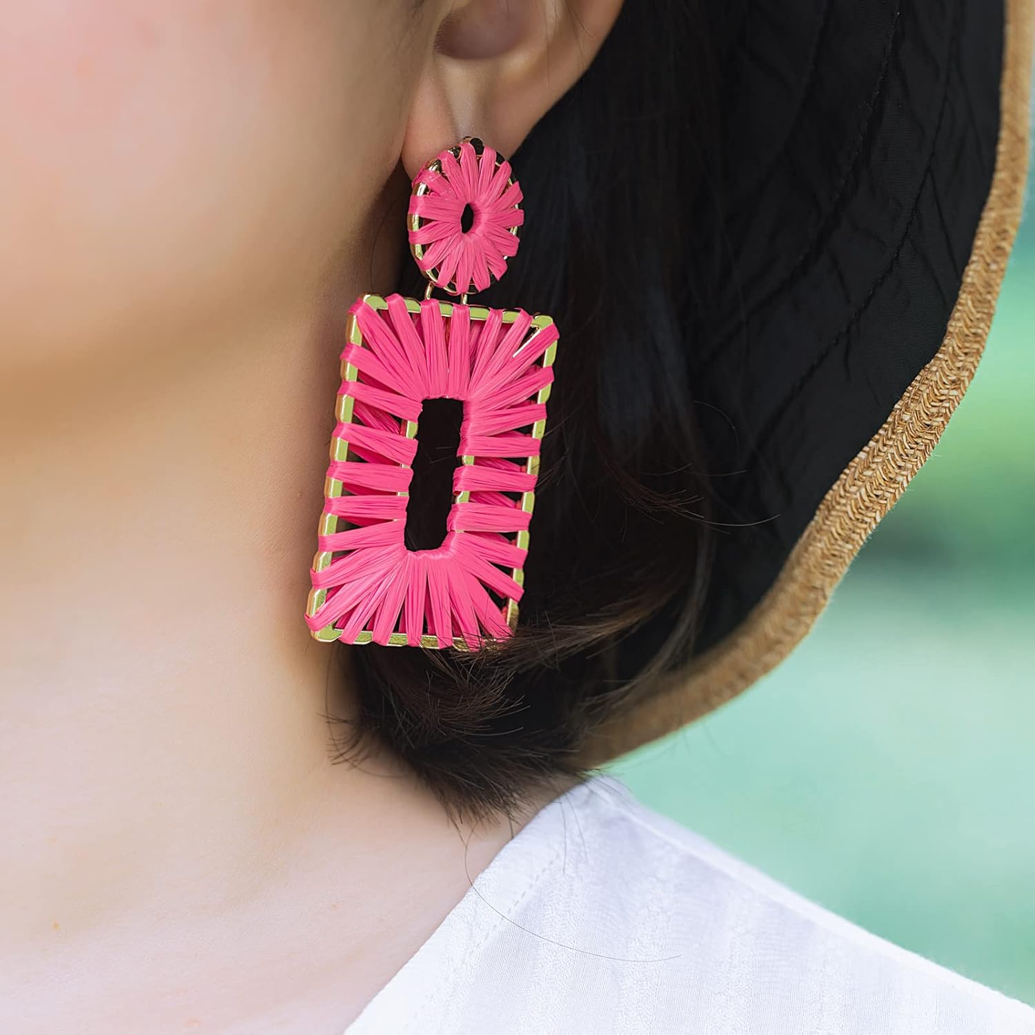 Statement Raffia Earrings Boho Square Drop Earrings Geometric Dangle Earrings for Women Gift Jewelry - Image 7