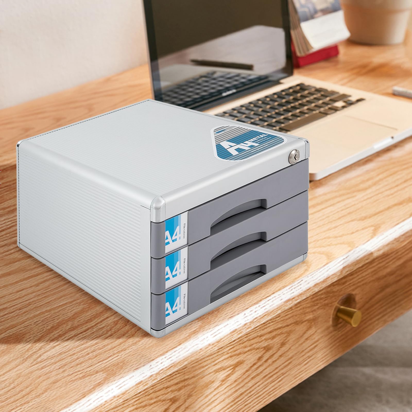 Cassettiera a 3 scomparti, formato A4, in metallo, con chiusura a chiave, cassettiera con scomparti per scrivere
