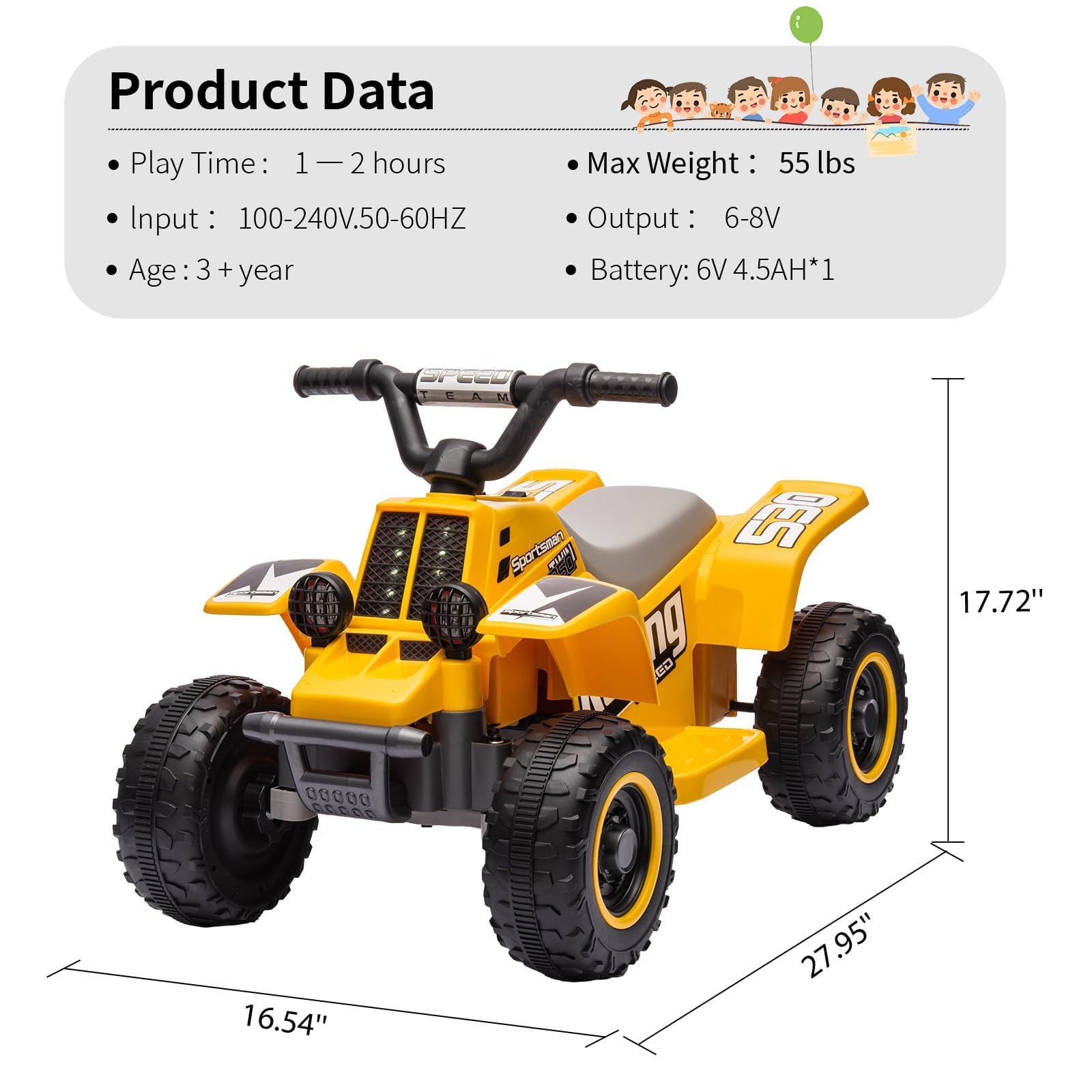 Quad Electrico Niño de 6 V con Luces LED, Música y Bocina, Quad Niño con Marcha Adelante y Atrás a Partir de 3 Años, Amarillo
