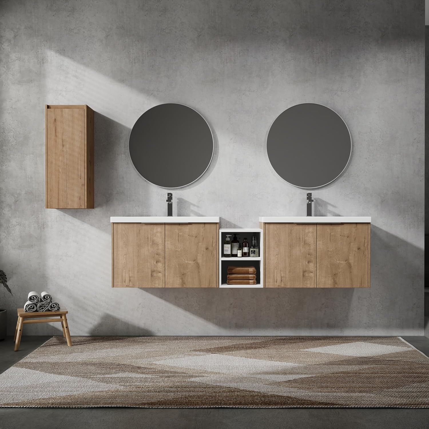 72" Double Sink Bathroom Vanity Modern Wall-Mounted Bathroom Vanity with Sink 72-Inch Floating Bathroom Vanities Set with 1 White Open Storage Shelf & 1 Side Cabinet, Natural Oak