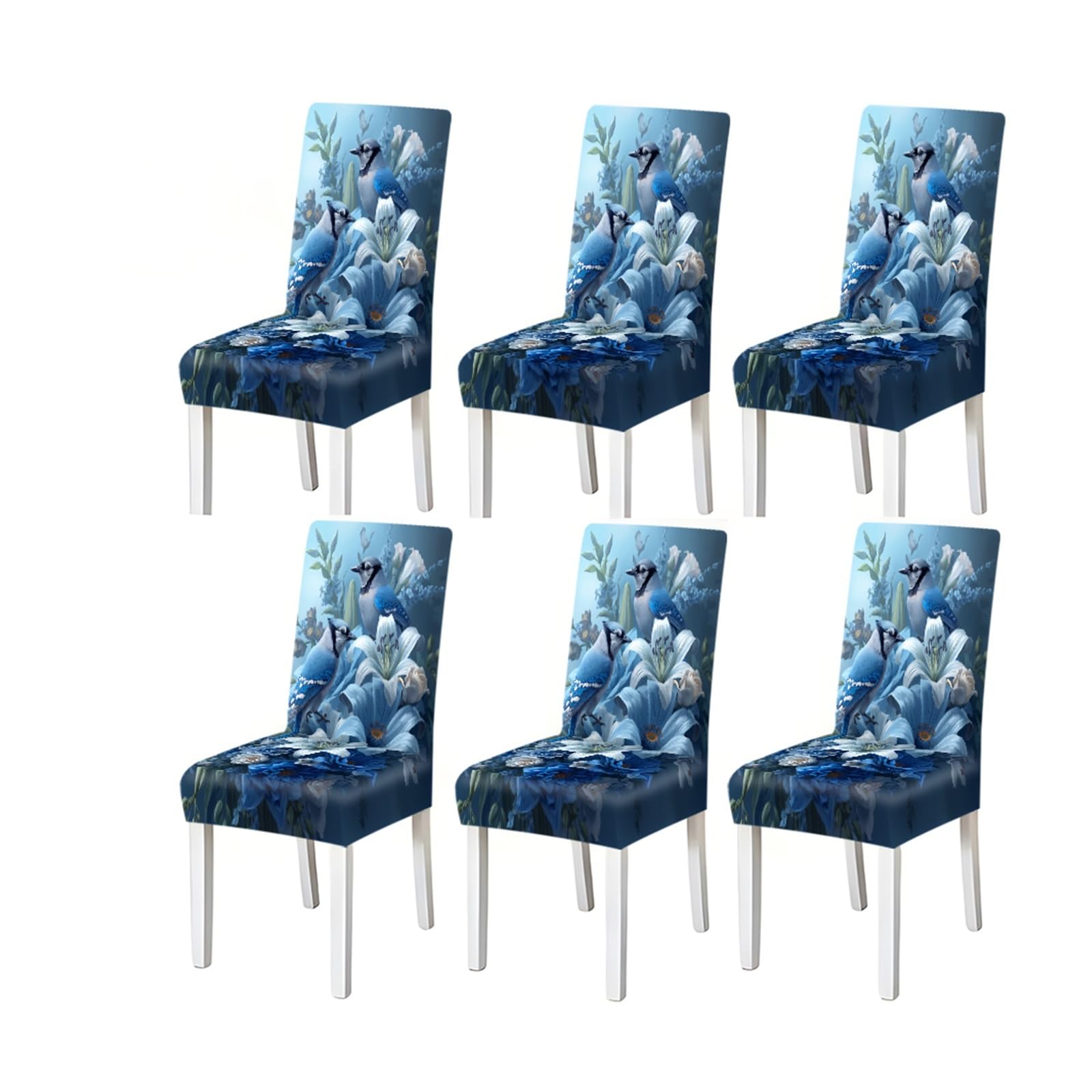 BOSUYBN Blue Jay Lily Floral Bird Pattern Print Dining Chair Covers Set Of 2/4/6, Stretch Slipcovers For Kitchen Dining Room Furniture Protectors for Home Dining Room(6PCSChair cover)