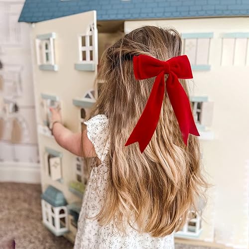 Miniatura 4 de 4 lazos de terciopelo para el cabello para niñas, pinzas para el cabello rojo, lazos largos para cola de caballo, accesorios para el cabello para