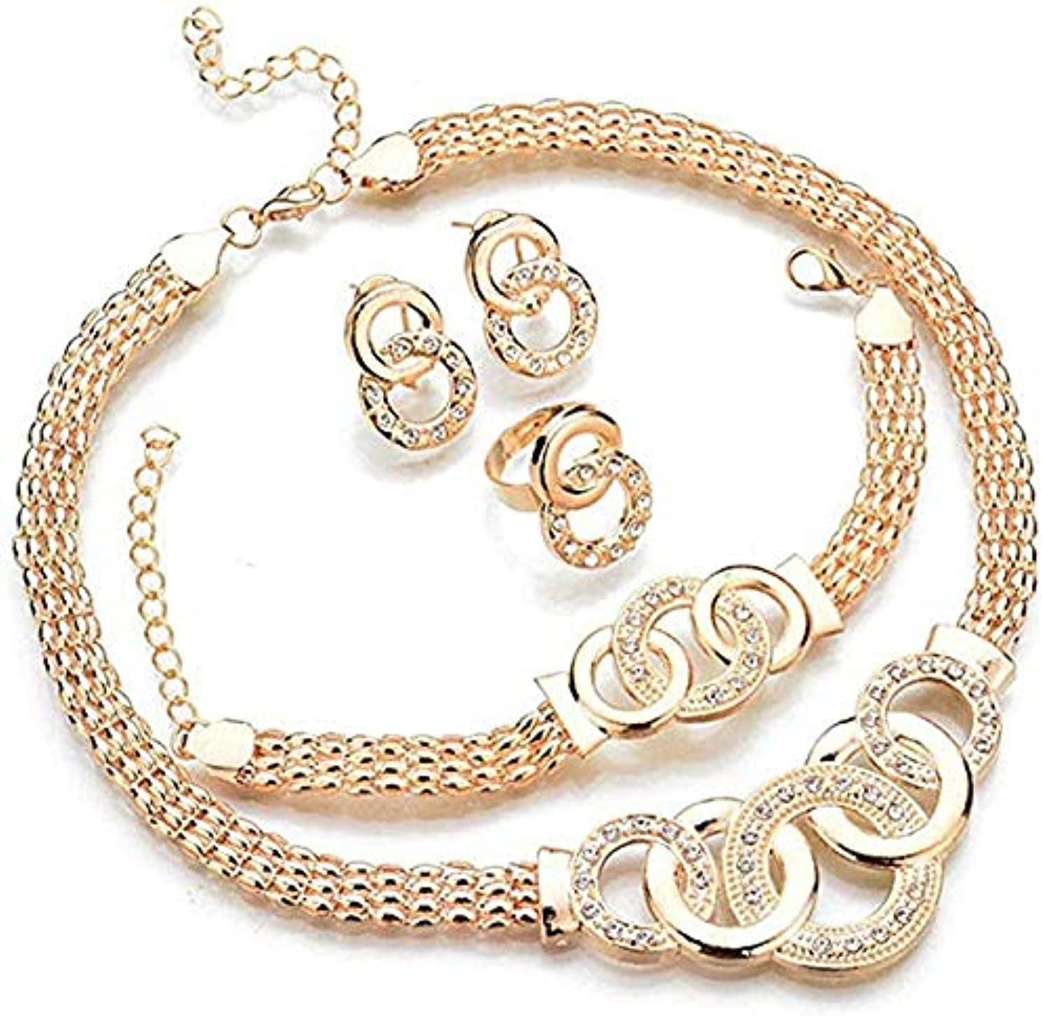 4 Pcs Jewelry Set Crystal Round-shaped Necklace, Bracelet, Ring and Earrings Set Women Girls