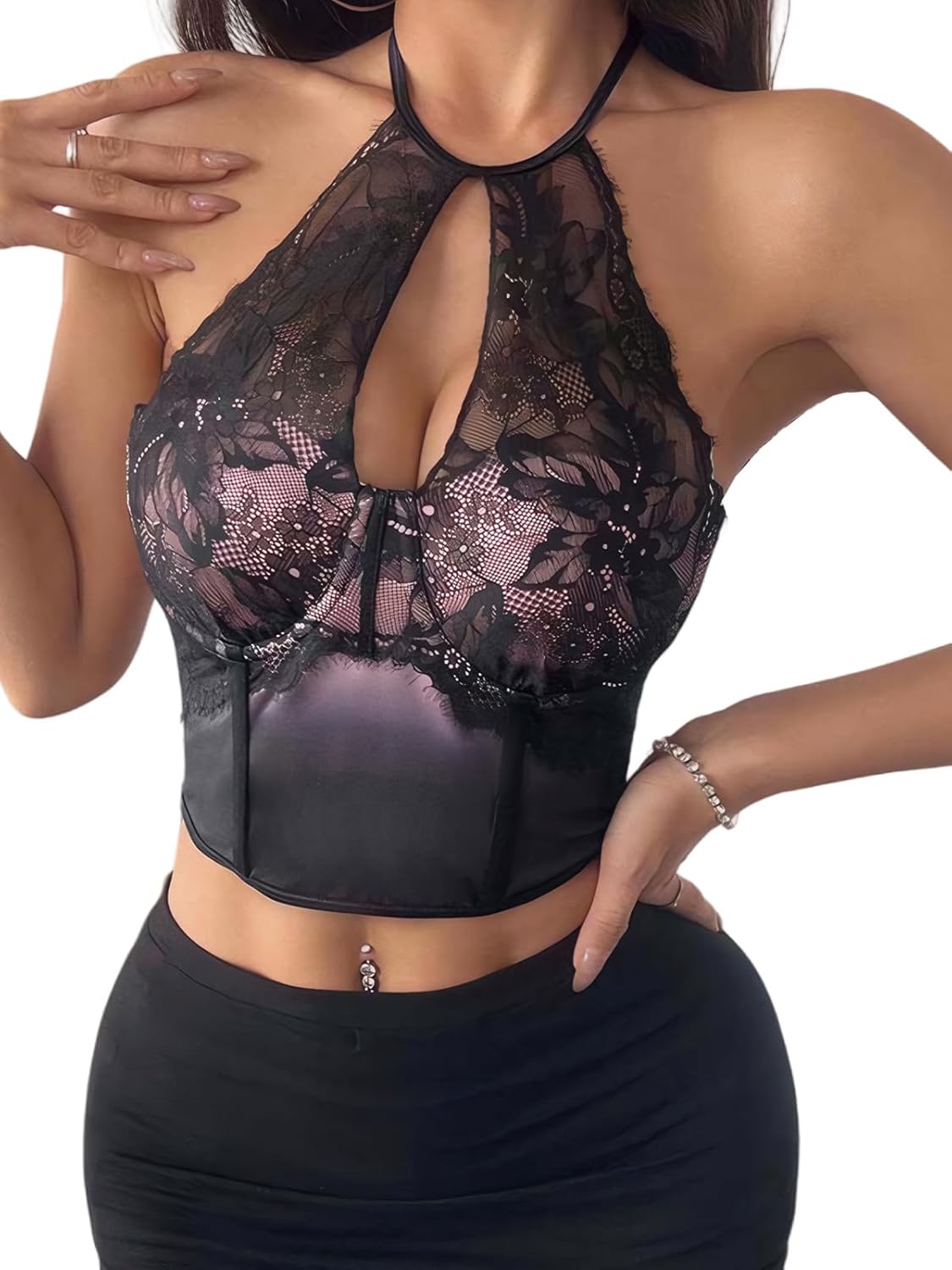 FEOYA Women's Sexy Lace Sheer Halter Neck Corset Backless Crop Tops Y2k Trendy Sleeveless S-L