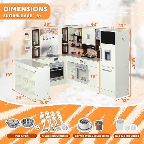 Miniatura 6 de Juego de cocina para niños de 3 piezas, juego de cocina de madera para niños pequeños, cocina modular con luz y sonido, juguete de cocina de esquina