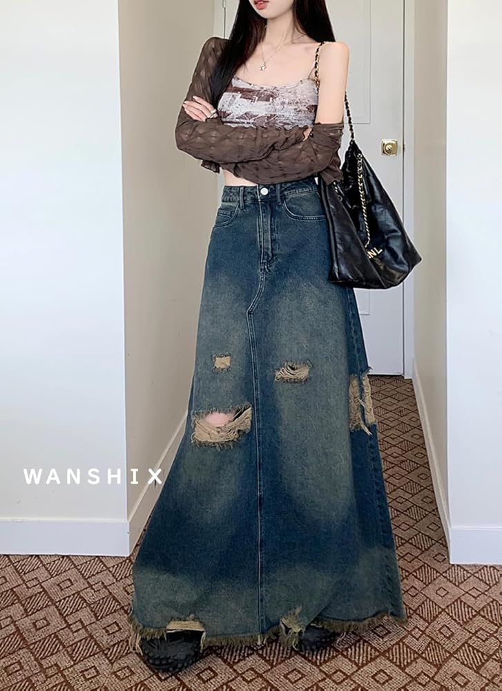 Amazon.co.jp: [WANSHIX] デニムスカート くるぶし丈