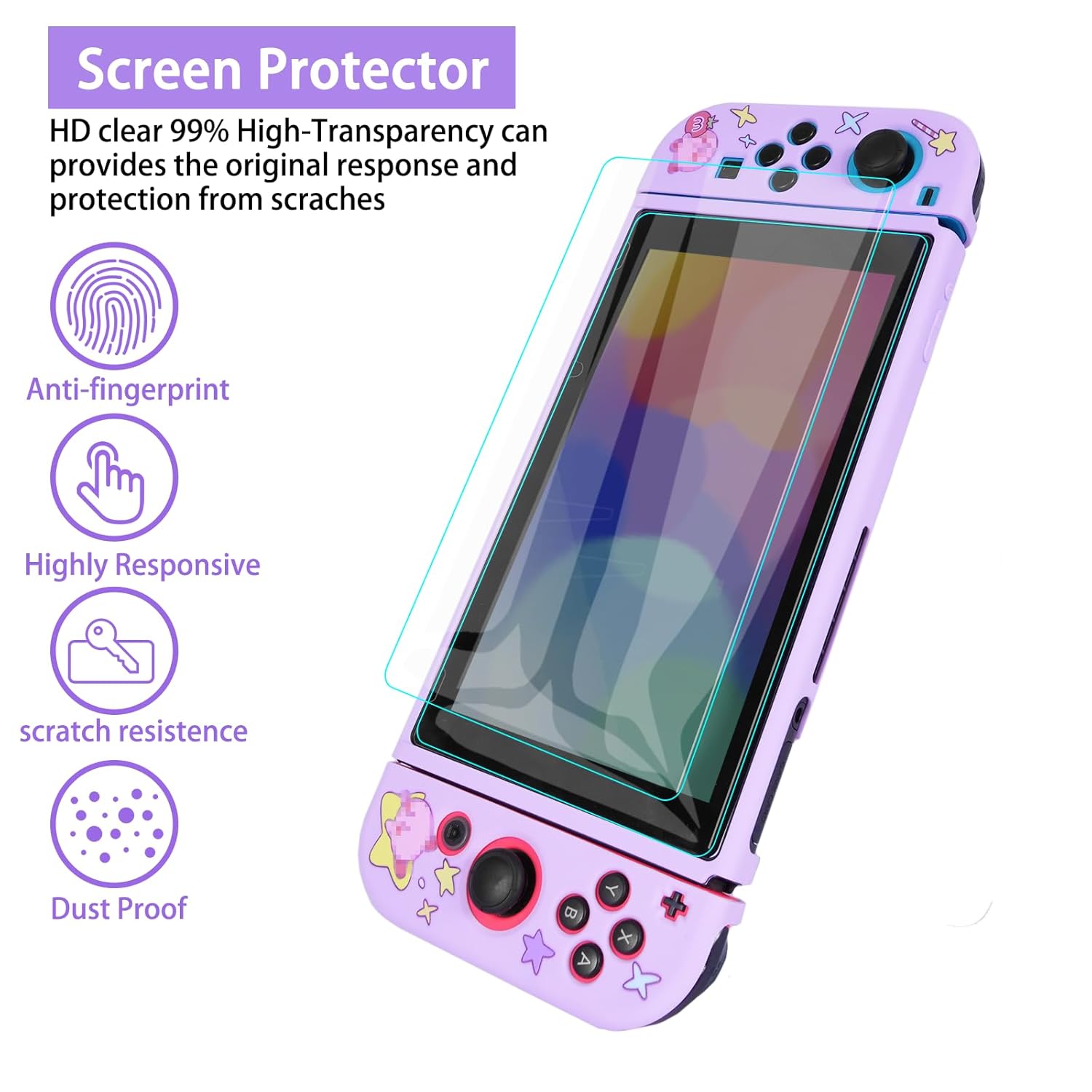 TIKOdirect Carrying Case for Switch, Cute Portable Travel Bag Accessories with Soft Protective Cover, Screen Protectors and Thumb grip caps, Game Card Case 7in1, Purple - Image 4