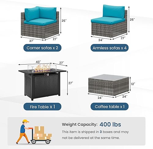 Miniatura 7 de Juego de muebles de patio al aire libre de 8 piezas con mesa para fogata de 43 pulgadas, sofás seccionales de mimbre para patio al aire libre con