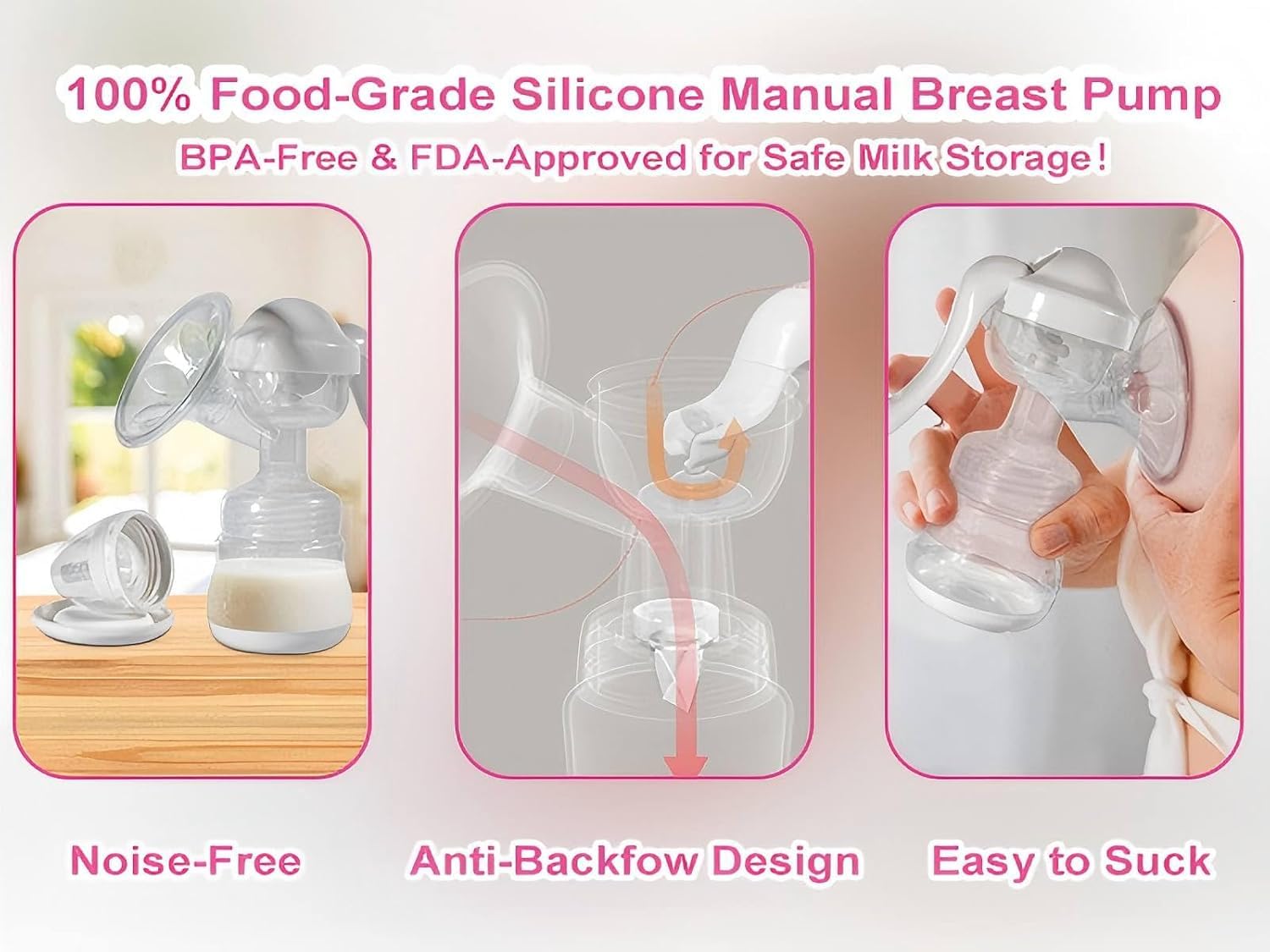 Tire-lait Manuel en Silicone 150 ml Sans BPA, Pompe Ergonomique Aspiration Réglable, Recueil Lait Portable pour Allaitement, Idéal Accessoire Voyage Maman