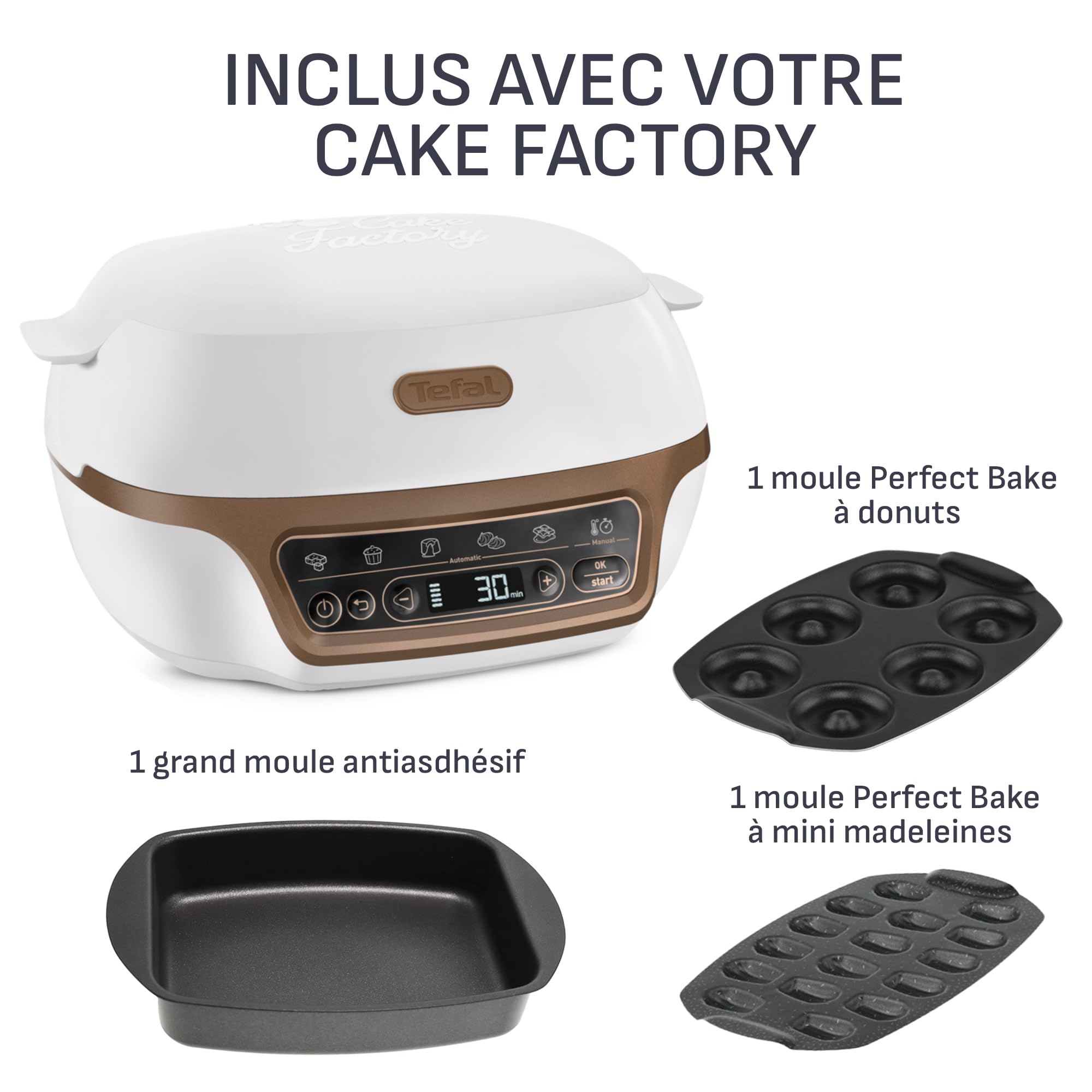 Tefal Cake Factory, Four à gâteaux intelligent, 5 programmes auto + mode manuel, Moules madeleines et donuts inclus, YY5726FG