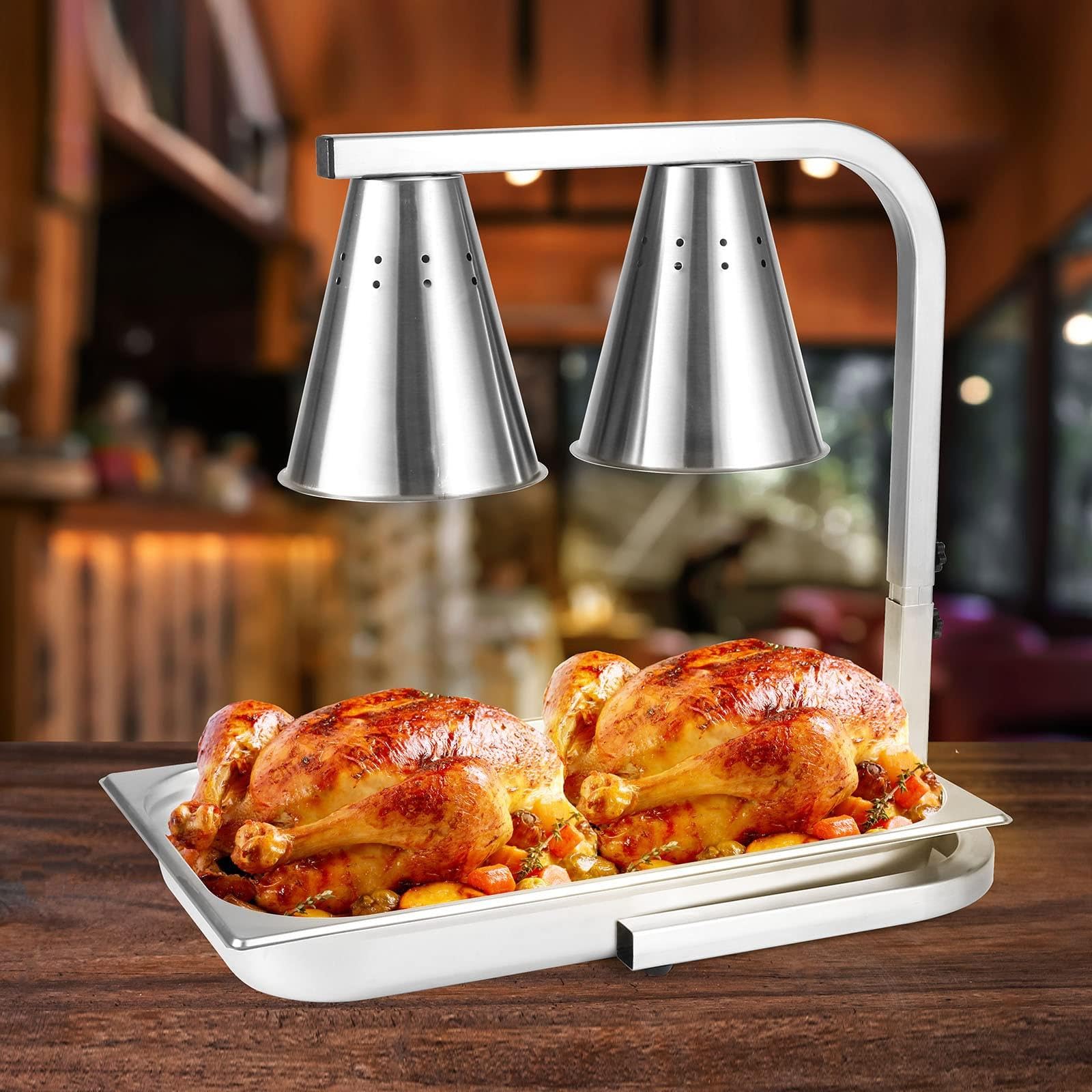 Wolnostojący komercyjny przenośny podgrzewacz do żywności, stal nierdzewna 220 V elektryczna lampa grzewcza do żywności z 2 żarówkami do gastronomii