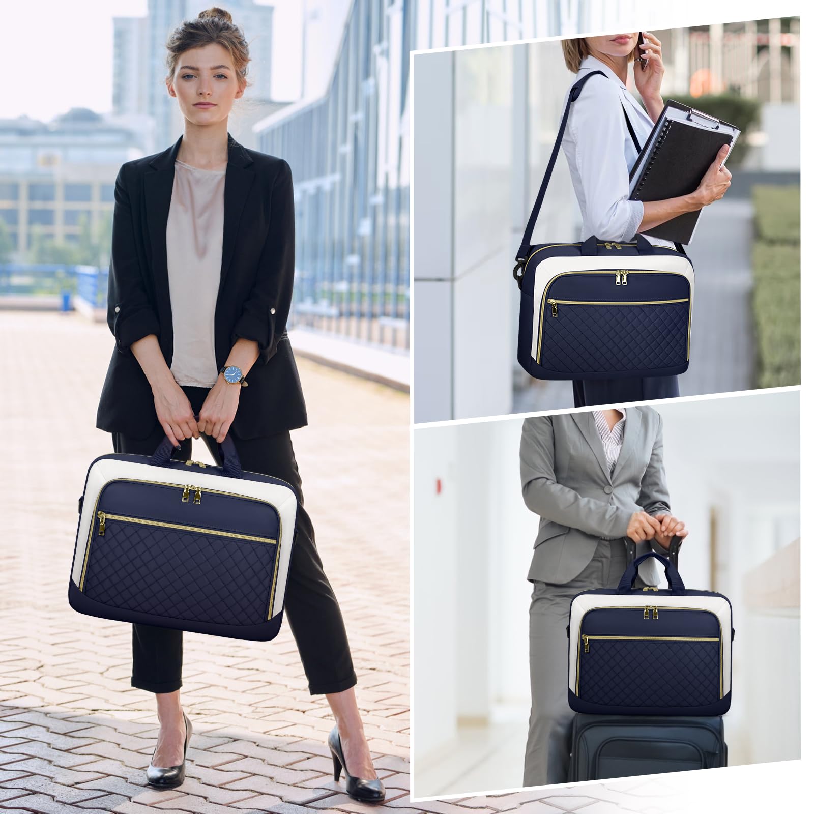 NEWHEY Borsa per computer portatile da 17,3 pollici valigetta per computer da donna grande borsa per computer | Borsa a tracolla impermeabile con tasche multiple e tracolla imbottita, per lavoro, ufficio, università, blu e beige