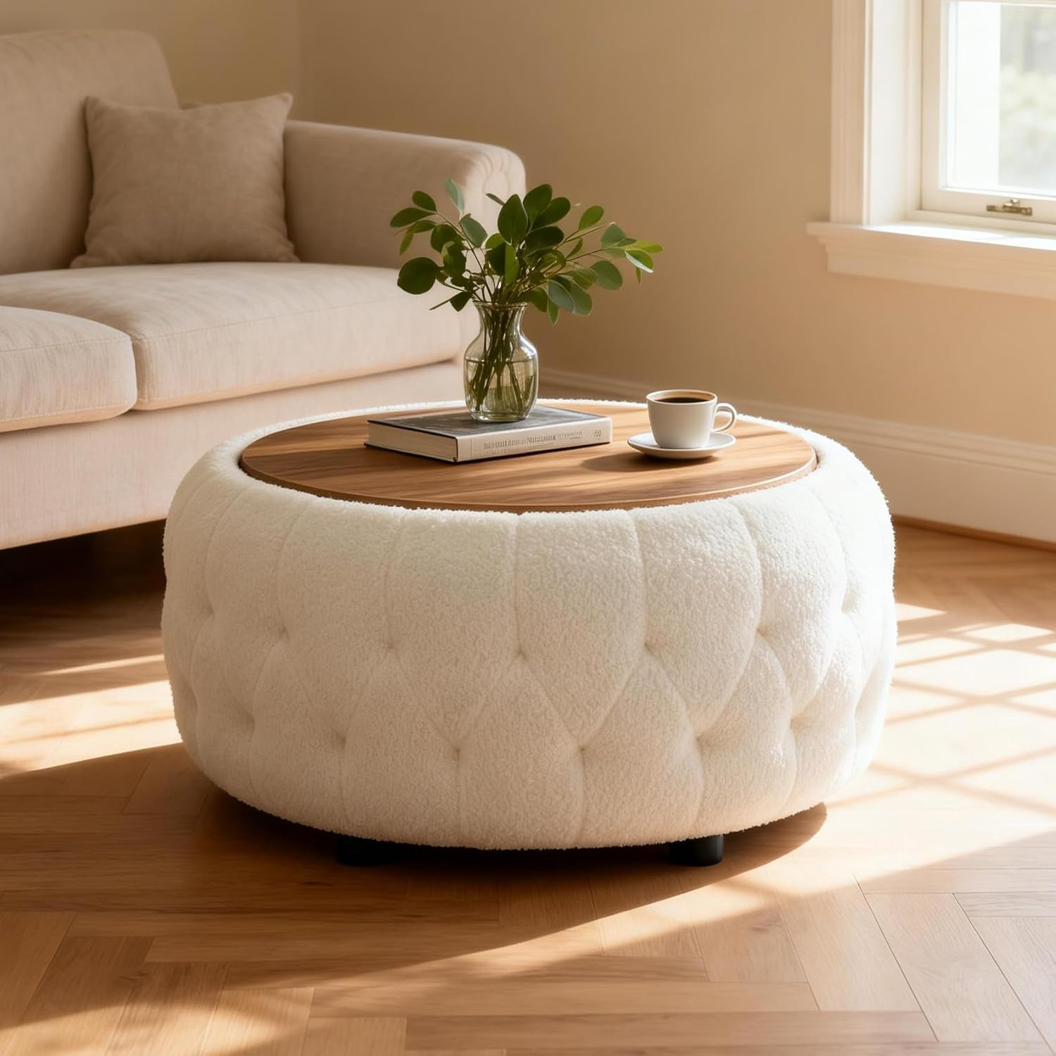 30 Inches Large Round Storage Ottoman, Modern Upholstered Ottoman Coffee Table, Wooden Top, Soft Teddy Fabric Surface, for Living Room, Bedroom, Classic Tufting, White