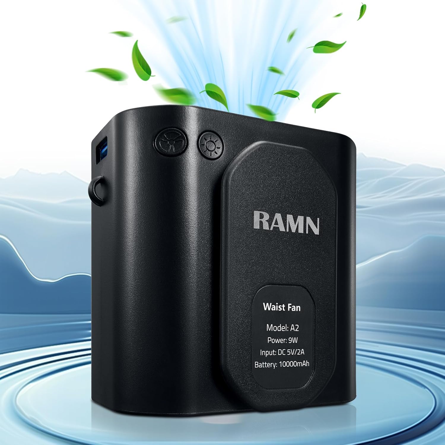 RAMN Portable Black Clip-On Waist Fan 10000mAh