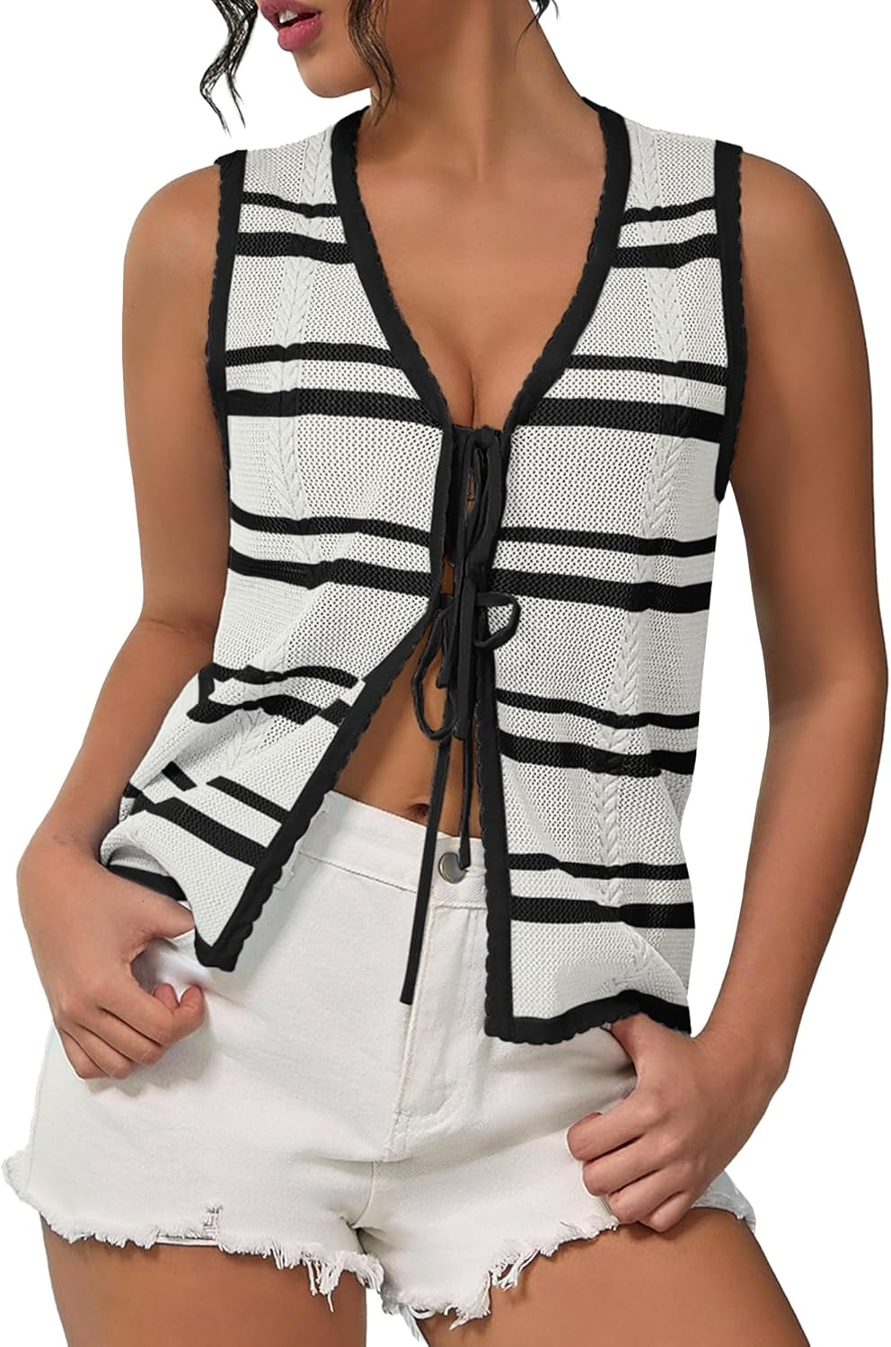 IEEILULU Crochet Vest Tops for Women - Womens Sleeveless Knit Sweater Vests Summer Casual Tie Front Top Cute Tank