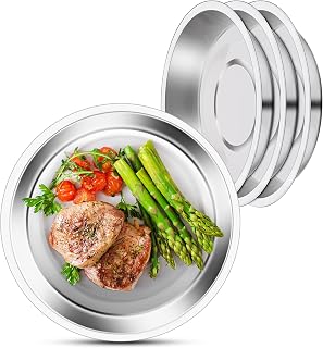 Deep Metal Camping Plates, 4 Pack 9.4 inch 304(18/8) Stainless Steel Plates, Reusable Pizza Food Serving Snack Eating Salad Dishes Round Shatterproof Plate Silver Dinnerware Dinner Oven Safe