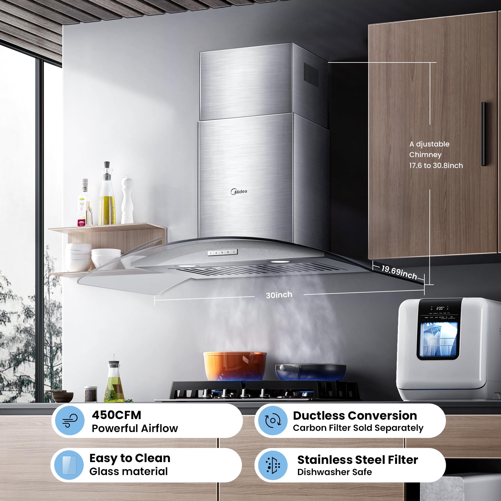 Midea MVG30W8AST Campana extractora de vidrio curvada, acero inoxidable
