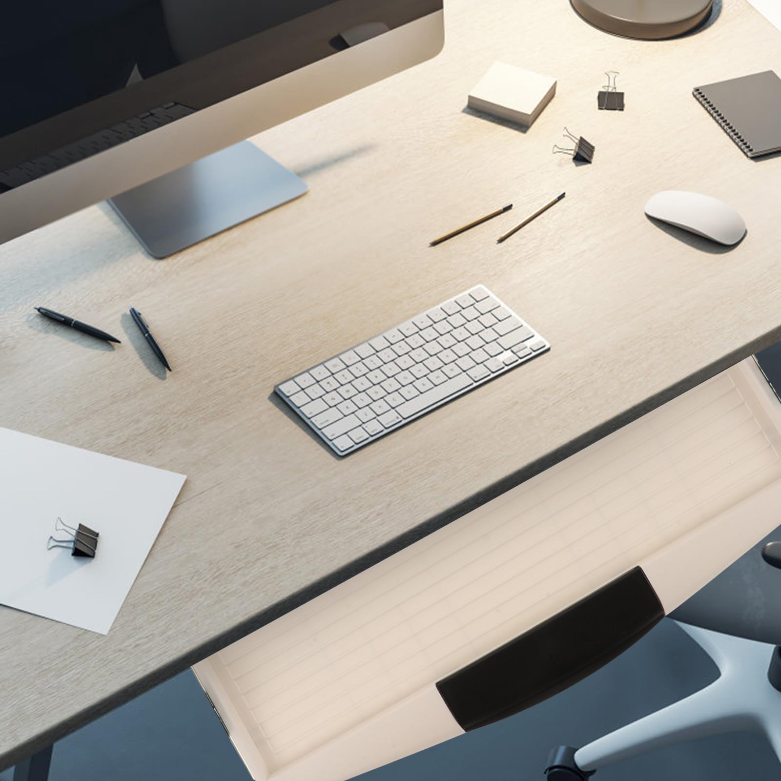 Soporte per Teclado Deslizante Extraíble bajo Escritorio Cajón ABS Plástico Gris Riel Metálico Ancho 27 CM para Ordenador Bandeja Ergonómica para Oficina y Escritorio
