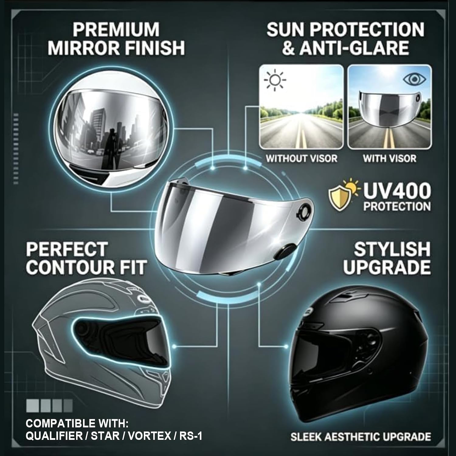 PSLER Qualifier Visor- Qualifier DLX Helmet Visor Motorcycle Face Shield Accessories Replacement for Bell Qualifier/Star/Vortex/RS-1/Revolver,Silver-Mirror