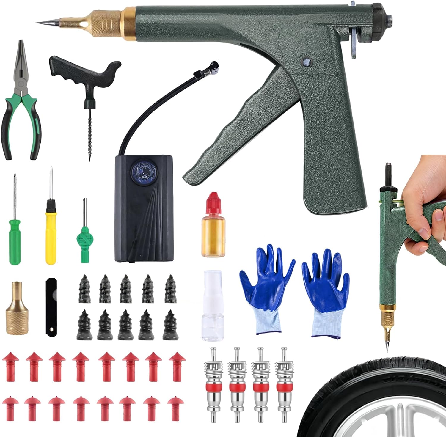 Tire Repair Kits Tubeless Tire Puncture Repair Kit with Mushroom Plug, Repairs punctures and Flat Tires for Motorcycles, Cars, Trucks, ATVs,Gun Puncture Repair Kit(Green)