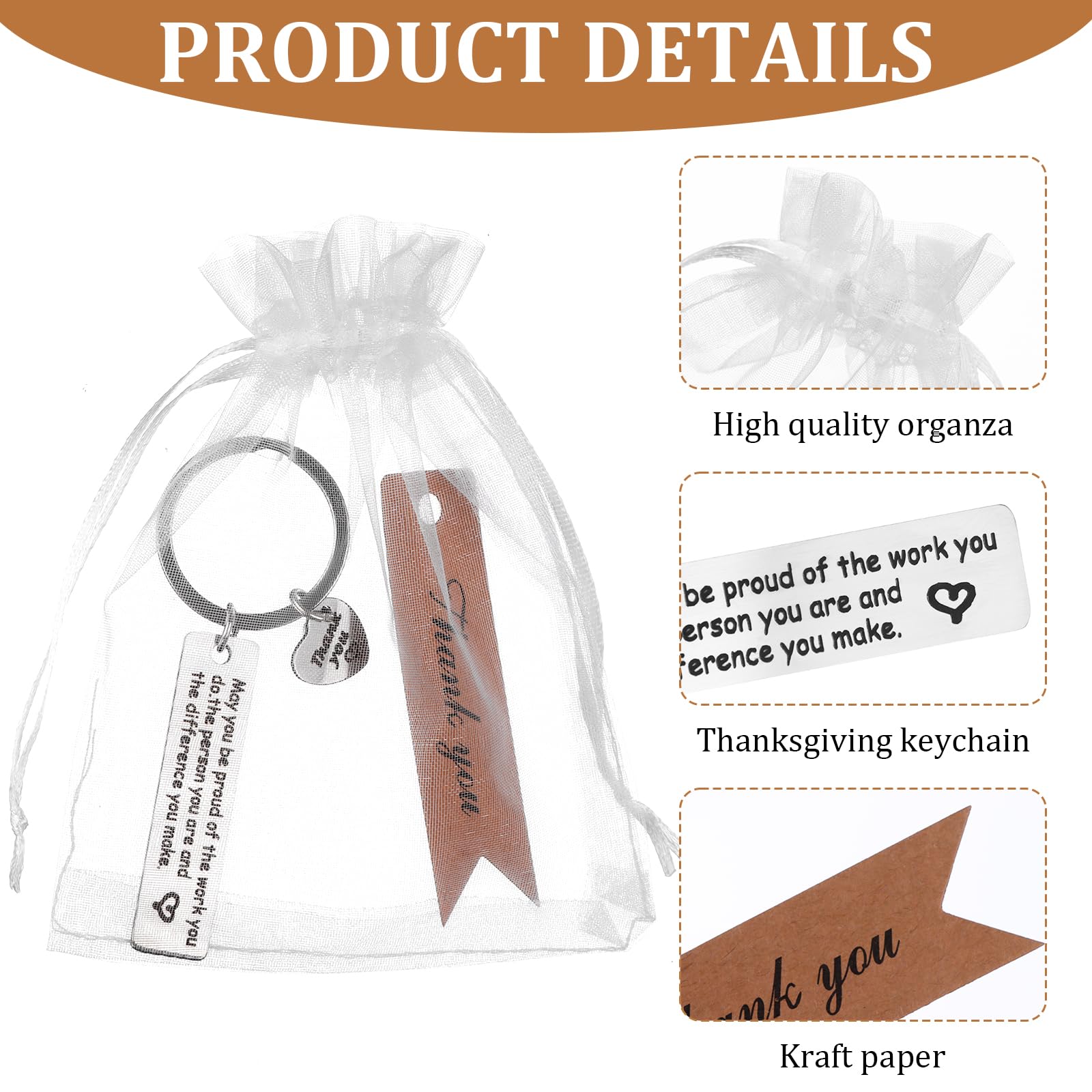 BANBAN 60PCS Thank You Keychain Employee Appreciation Gifts Inspirational Keychain with Thank You Cards Organza Bags Thank You Cards Friendship Thank You Keyring Gifts for Employee - Image 3
