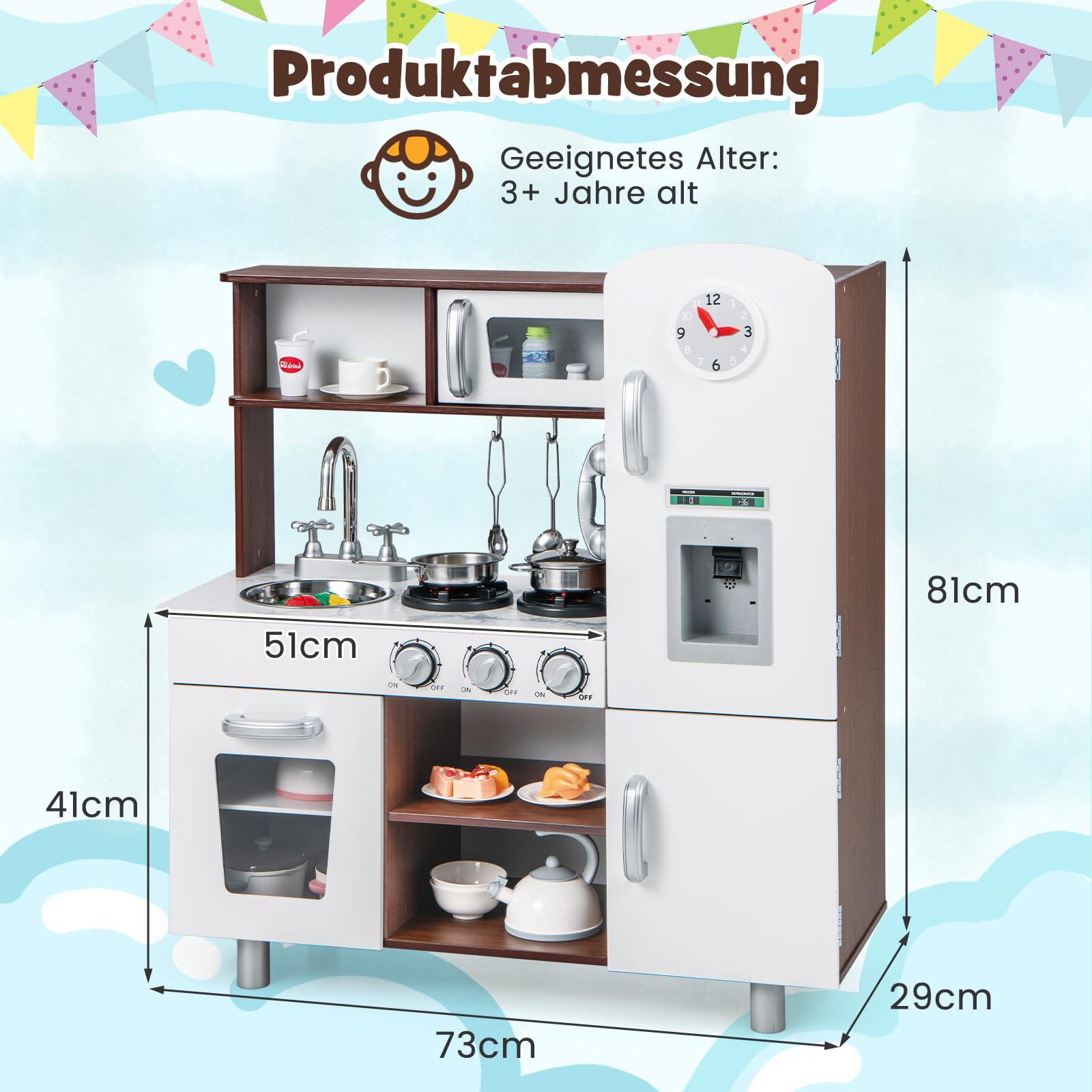 DREAMADE Kinderküche mit Licht und Sound, Kinder Spielzeugküche mit Spüle Herd Mikrowelle Kühlschrank Backofen, Kinderspielküche, Spielküche aus Holz mit Zubehör für Kinder ab 3 Jahren (Weiß + Braun)