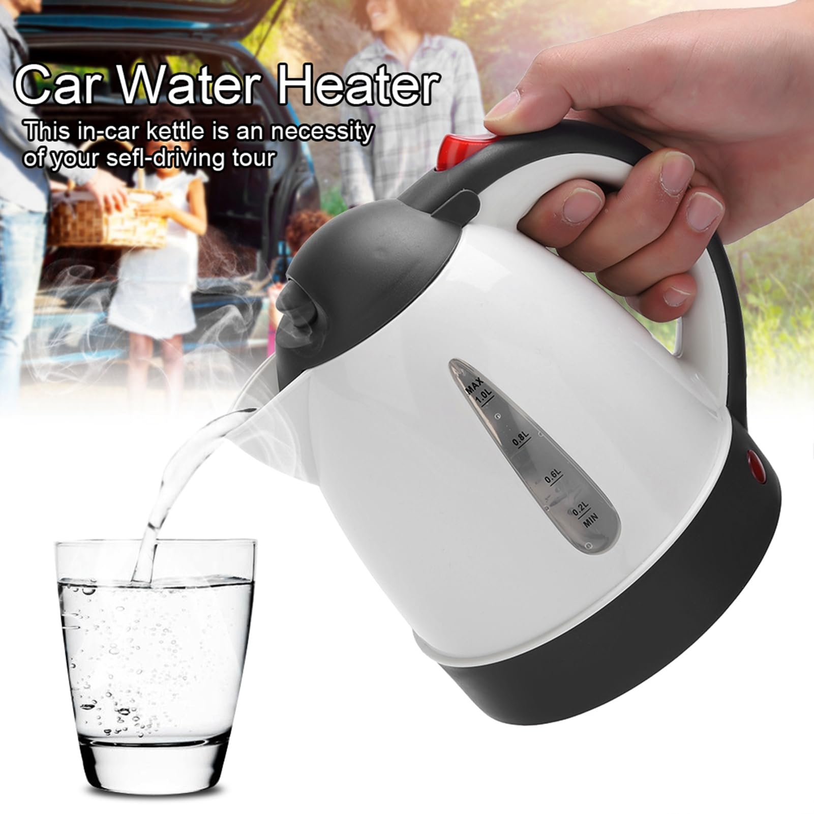 Bollitore da viaggio per auto, 12 V, 1000 ml, piccolo bollitore elettrico da viaggio, mini tazza per tè, caffè, zuppe e pasta