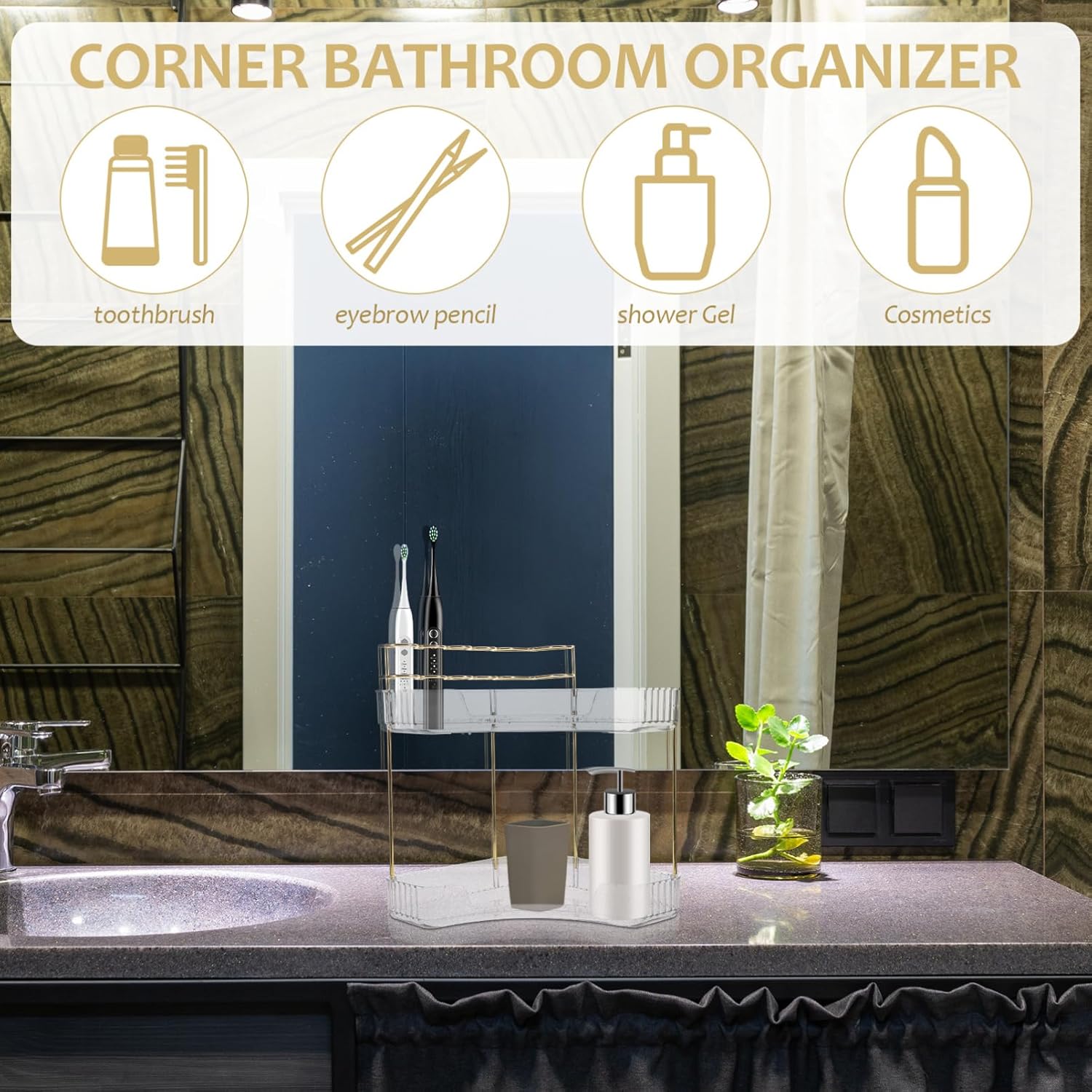 Triangular Makeup Organizer Multi-layer Skincare and Cosmetic Storage Tray for Vanity Space-saving Bathroom Counter Shelf Easy to Clean Toothbrush Holder Transparent Design