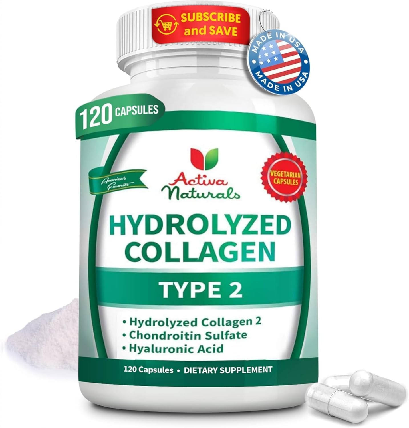 Collagen Type 2 Hydrolyzed Supplement with Chondroitin and Hyaluronic, for Healthy Hair, Skin, and Nails, No Fillers, Additives, and No Artificial Colors - 120 Vegetarian Capsules