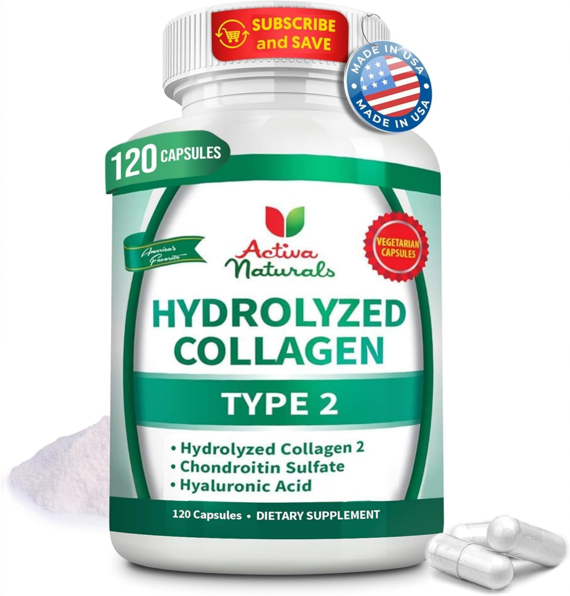 Collagen Type 2 Hydrolyzed Supplement with Chondroitin and Hyaluronic, for Healthy Hair, Skin, and Nails, No Fillers, Additives, and No Artificial Colors - 120 Vegetarian Capsules