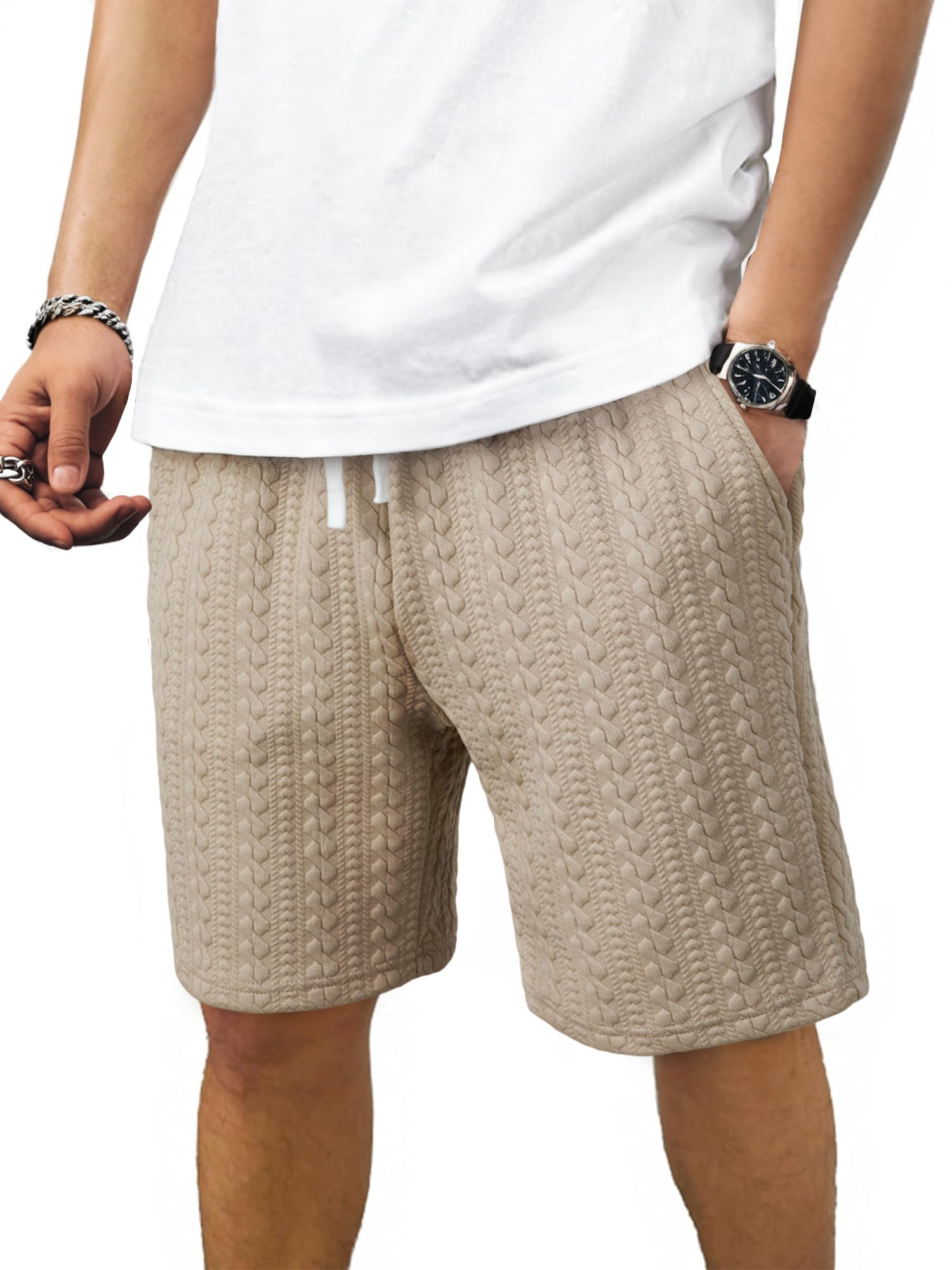 Mens Cable Knit 7.5" Textured Elastic Drawstring Casual Sweat Shorts