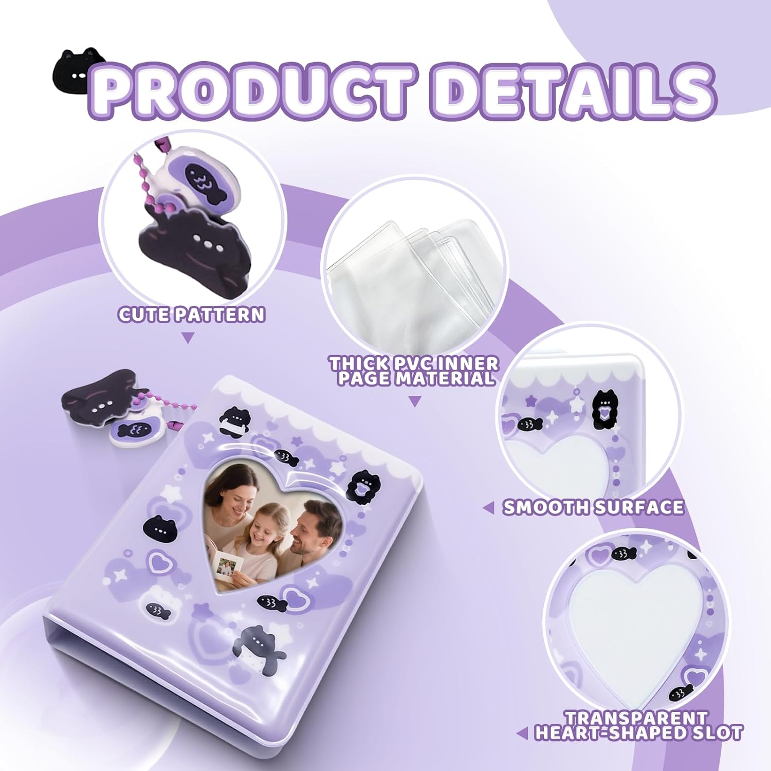 Mini Photo Album for Fujifilm Instax Mini Film, Ideal for Polaroid 2x3 Photos, Kpop Photocard Binder with Heart Cutout Cover, Hanging Hole for Pendant, 40 Pockets, 6 Styles, Pocket-Size Album (Purple)
