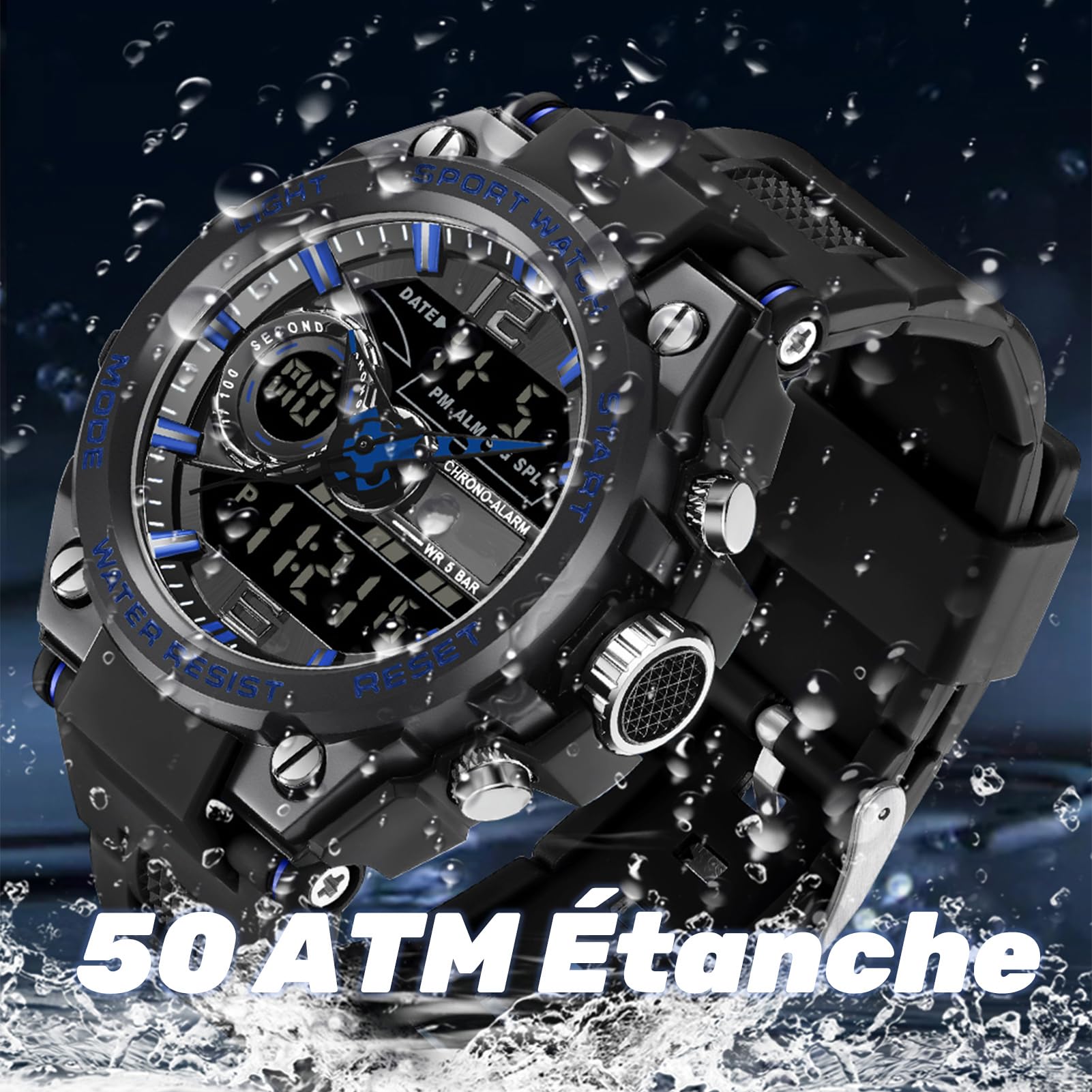 Orologio militare da uomo, per attività all'aperto, sportivo, impermeabile a 50 atm, orologio tattico, militare, per sport, grande quadrante multiplo, facile da leggere in notte