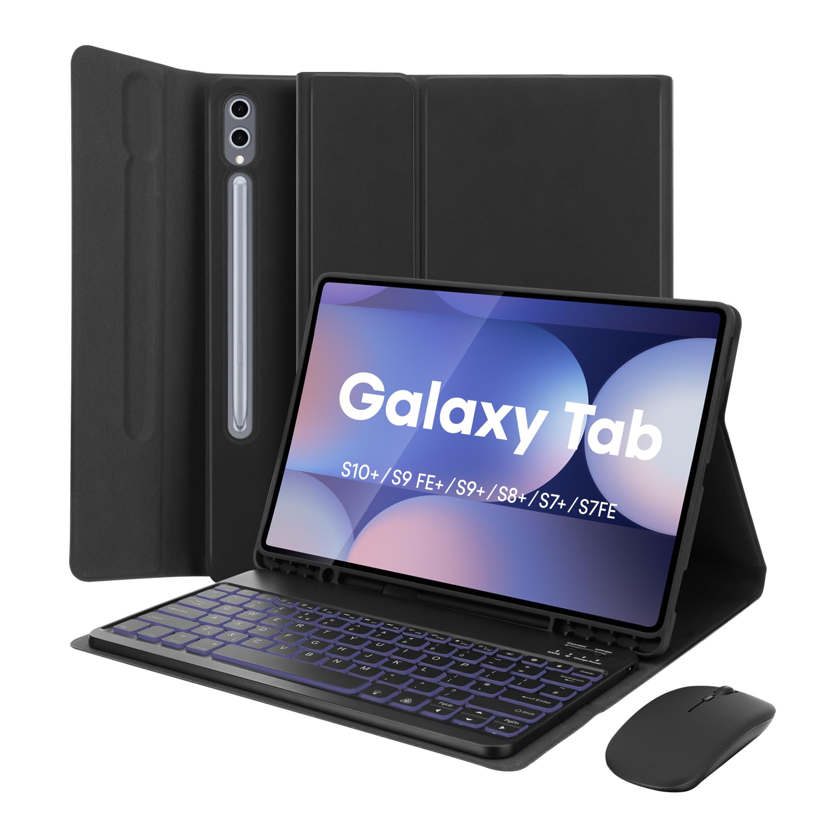 MAYPHY Funda con teclado retroiluminado y ratón para Samsung Galaxy Tab S10+/S9 FE+/S9+/S8+/S7+/S7+/S7 FE 12,4 pulgadas, funda delgada con teclado extraíble y ratón inalámbrico, QWERTZ alemán