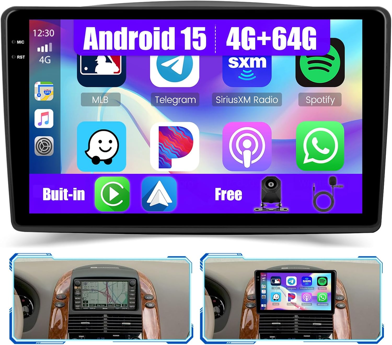 [4+64GB] Android 15 Car Radio for Toyota Sienna 2004-2010 with Wireless Carplay/Android Auto, 9 Inch HD Touchscreen Car Stereo with GPS WiFi Bluetooth FM/RDS EQ SWC Backup Camera MIC