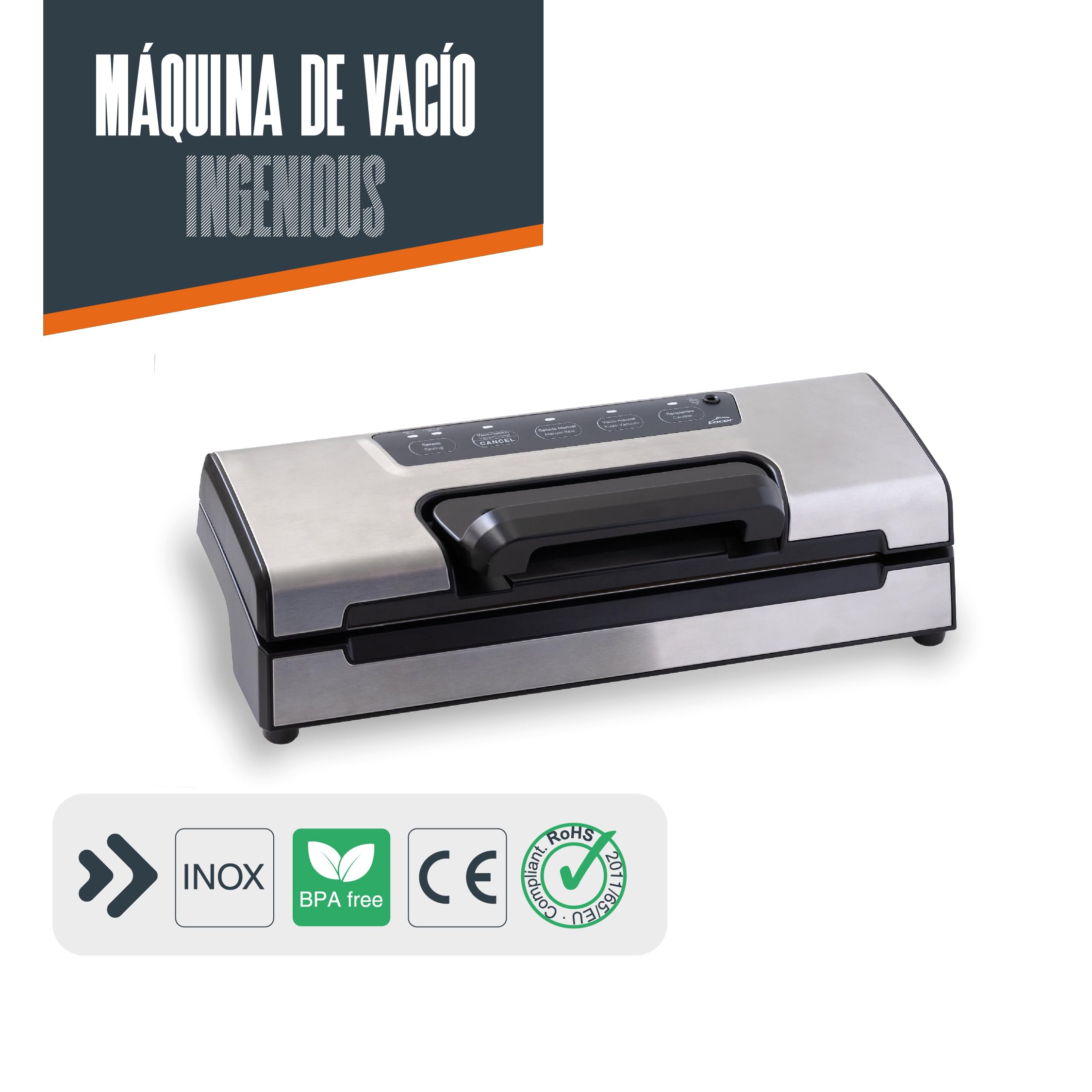 Lacor 69358 - Máquina de Vacío Ingenious, 120 W, 40x17, 5 cm, Incluye | Para un uso práctico y profesional en cocina; perfecto para el día a día en hostelería y en casa, cómodo de usar y de guardar