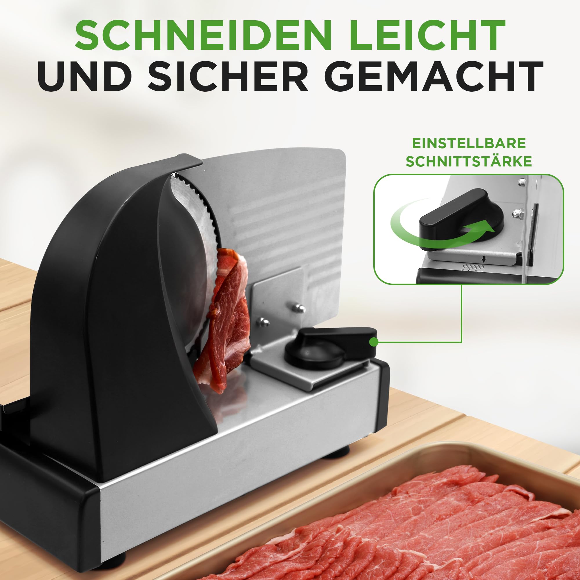 NutriChef Allesschneider Elektrisch 200W – Brotschneidemaschine 19cm, 0–15mm Schnittstärke, Abnehmbare Edelstahlklinge Vielseitig für Fleisch, Käse, Obst, Gemüse - Kompakt, Sicher, Leicht zu Reinigen