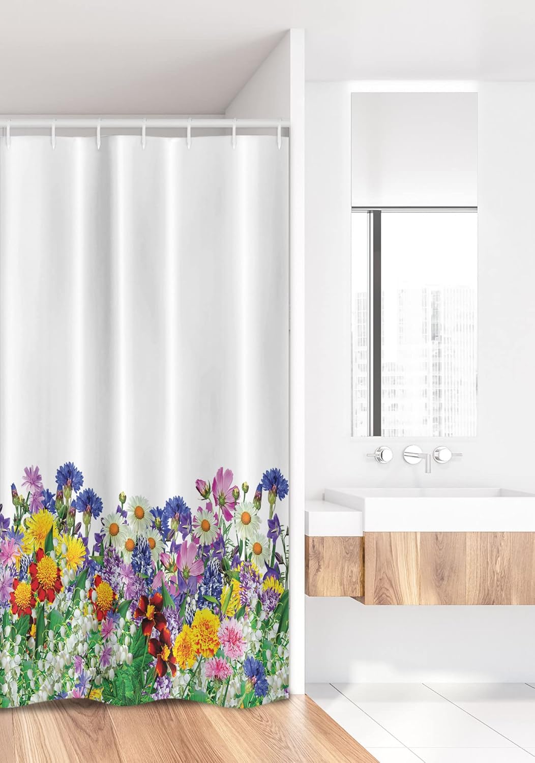Ambesonne Flower Stall Shower Curtain, Floral Garden Daisies Violets and Tulips Nature Colored Theme Print, Fabric Bathroom Decor Set with Hooks, 36" W x 72" L, Multicolor