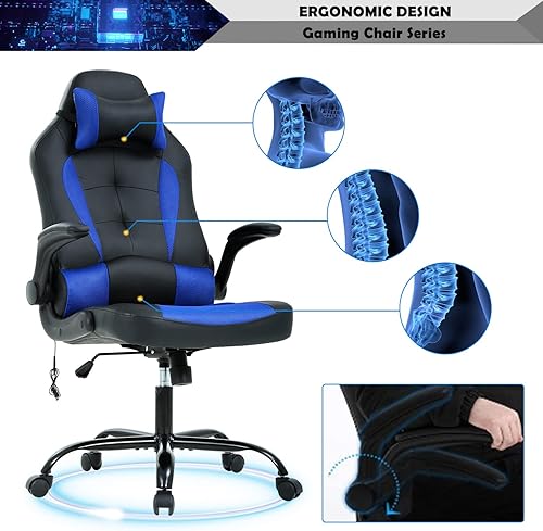 Miniatura 4 de Sillas de computadora para adultos, silla ergonómica de videojuegos con cojín lumbar grueso y brazos abatibles, silla de escritorio de piel