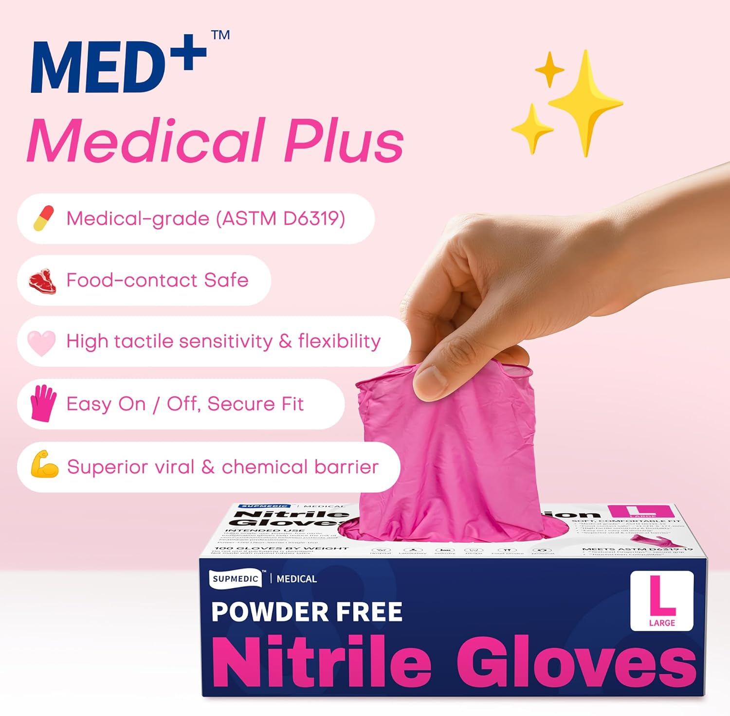 Supmedic Nitrile Exam Gloves, 4 Mil 1000 Ct, Powder-Free Latex-Free Cooking Food-Safe Disposable Medical Gloves, Rose Orchid